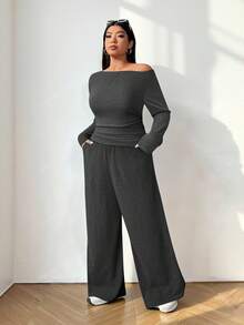 Solflare 2pcs/Set Plus Size Women's Fitted Gray Long Sleeve T-Shirt And Pants Knit Suit Winter - Grey - View 6