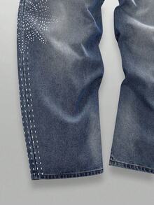 NEON BLANC Rhinestone Embellished Flared Leg Casual Jeans - Blue - View 5
