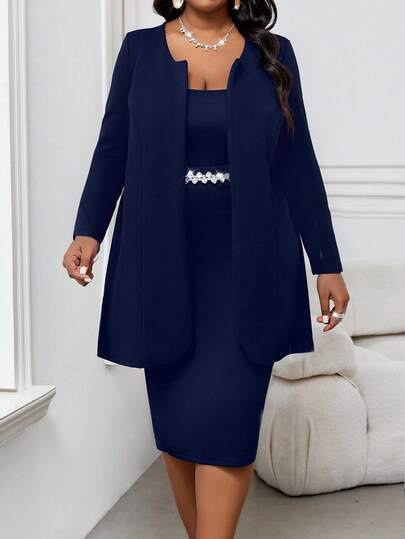 SHEIN Lady Plus Size Women Solid Color Long Sleeve Open Front Casual Loose Jacket, Autumn Navy Blue Plus Size Dress Plus Size 2 Piece Sets Blazer Dress Plus Size Plus Size Women Clothes 2 Piece Office Dress Plus Size