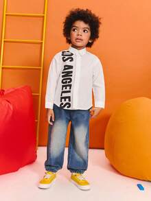 SHEIN Young Boy Casual Letter Print Long Sleeve Shirt, Los Angeles Shirt Boys, Boys Long Sleeve Shirt, Boys White Shirt - White - View 4