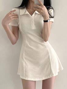 DAZY 纯色纽扣前半襟收腰中长连衣裙太阳裙，休闲女装 - 米色 - 查看 6