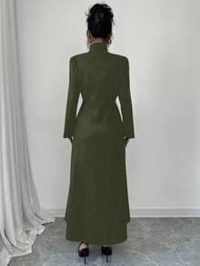 Selianne Women's Solid Color Regular Shoulder Long Sleeve Fashionable Turtleneck Long Overcoat - Army Green - View 2