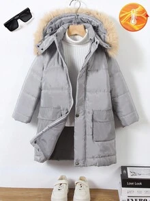 Young Boy New Long Sleeve Multi-Pocket Hooded Padded Coat,Colorful,Winter Warm Padded Material,Side Hand Pockets,Comfortable Fabric For Snow,School - Grey - View 1