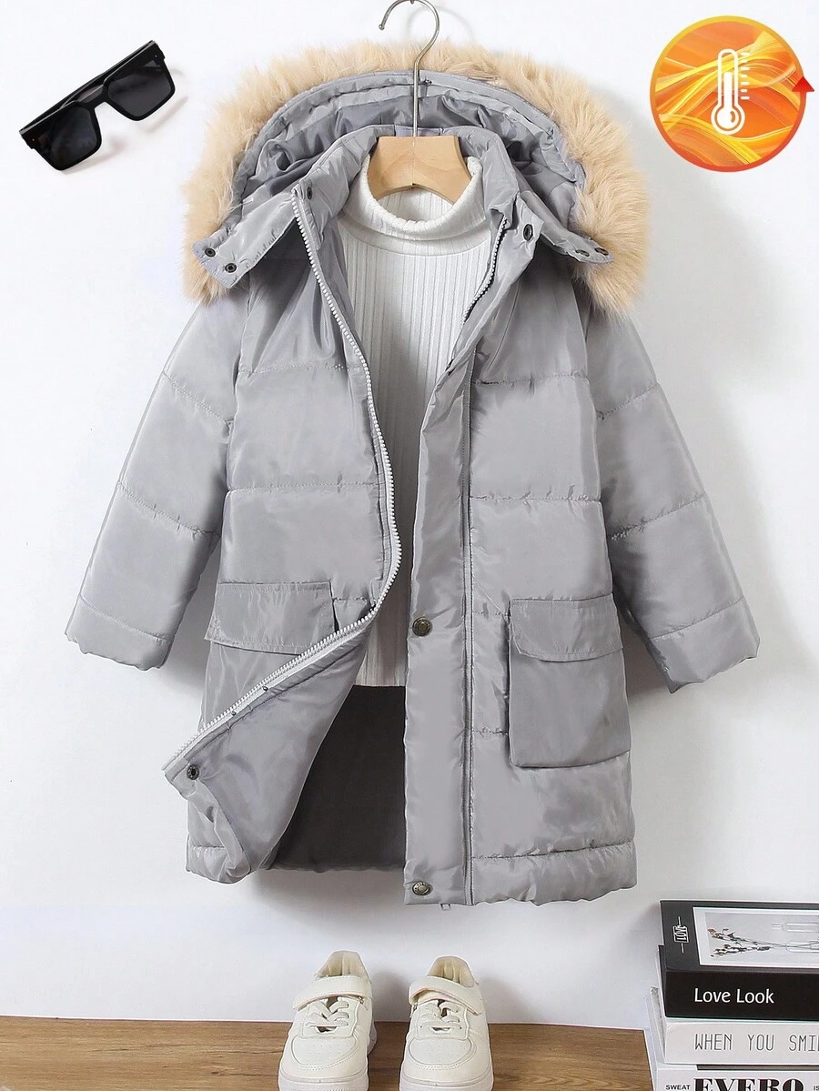 Young Boy New Long Sleeve Multi-Pocket Hooded Padded Coat,Colorful,Winter Warm Padded Material,Side Hand Pockets,Comfortable Fabric For Snow,School - Grey - View 1