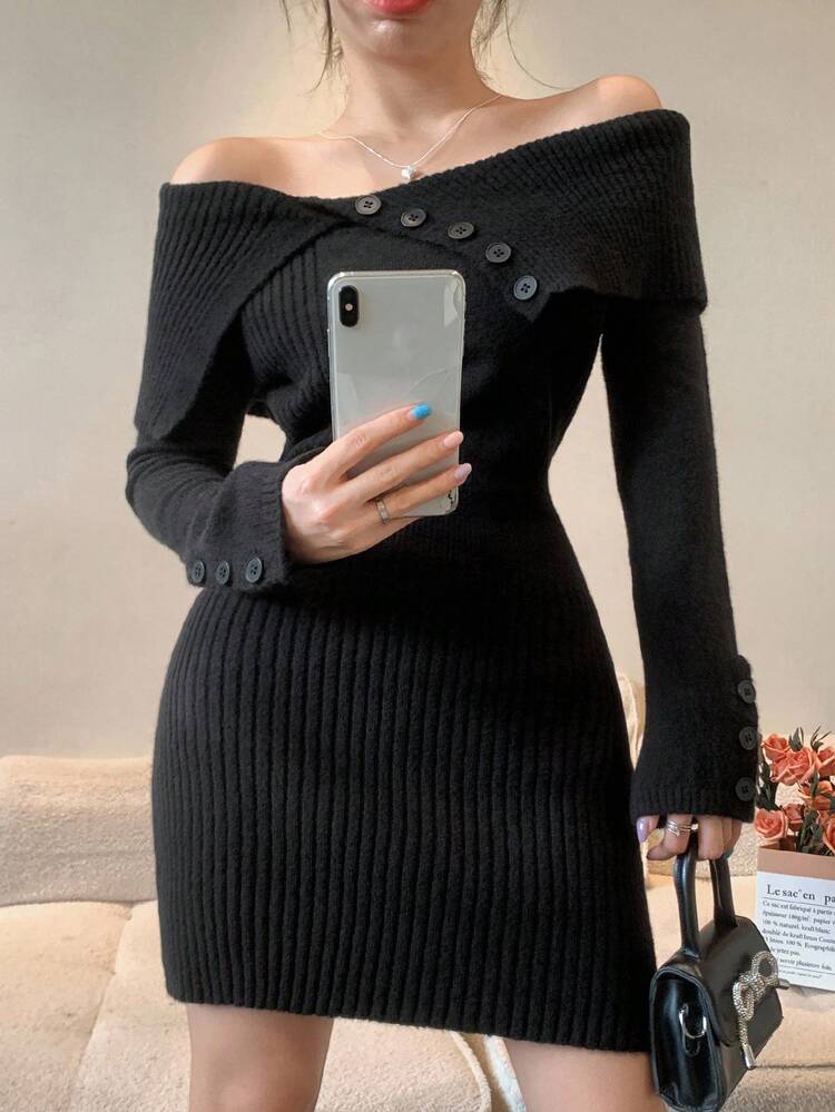 Women's Off Shoulder Long Sleeve Fitted Short Casual Sweater Dress