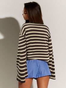 Athîral 女式休闲宽松蝙蝠条纹T恤，秋季 - 咖啡棕 - 查看 2