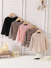 SHEIN 5pcs/Set Baby Girls' Casual Cute Ribbed Cat Embroidery & Leopard Print Tops Fall Winter - Multicolor - View 2