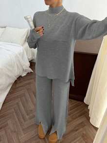 SHEIN Cottnline Rib Pattern Pocket Pullover Pant Knit Set Stay At Home Dark Grey Autumn Casual Everyday - Grey - View 6