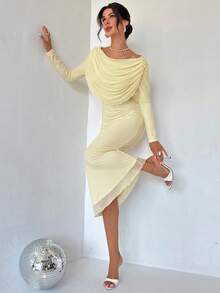Firerie Women's Elegant Pale Yellow Long-Sleeved Frock Neck Dress,Autumn Dinner Party Outfit,Holiday Wedding Guest Prom Gown,New Year Clothes For Women - White - View 6