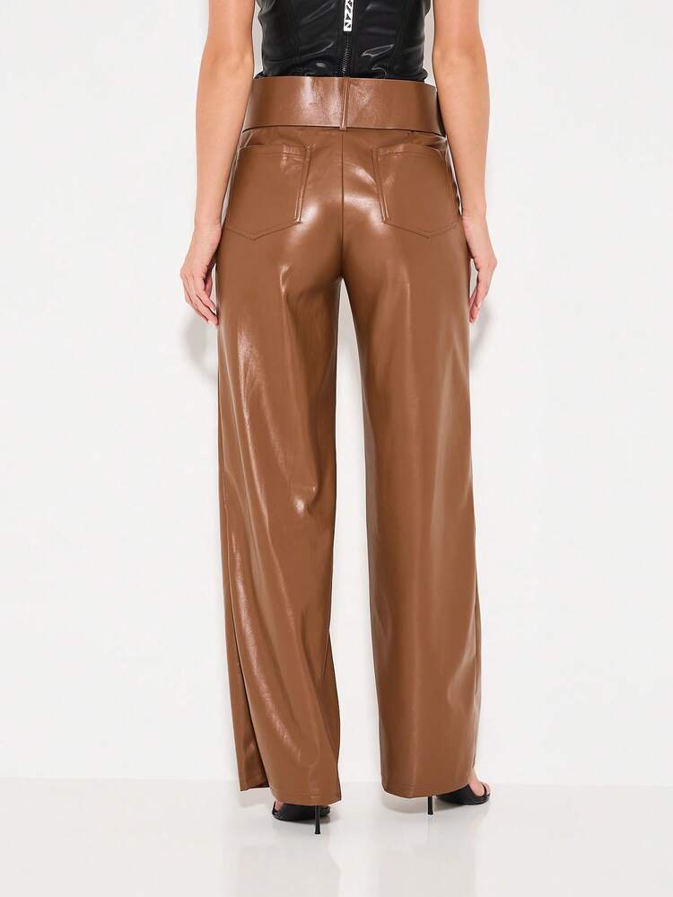 KIZN High Waisted Wide Leg Faux Leather Trousers