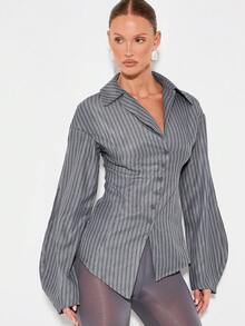 KIZN Professional Long Sleeve Button Down Pinstripe Shirt Dramatic Puff Sleeves Modern Stylish Office Career Workwear Asymmetric Business Collared Blouse - Grey - View 6