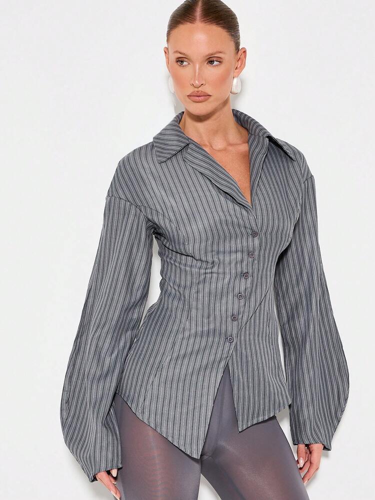 Pinstriped Button Down Blouse With Puff Sleeves