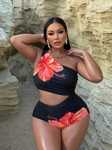 Swim SXY Plus Size Women 1pc Women One-Piece Swimsuit, Asymmetric Shoulder, 1 Piece Sets Woman,Solid Color Patchwork Printed, Sleeveless, Casual & Comfortable For Holiday Swimming Plus Size Woman