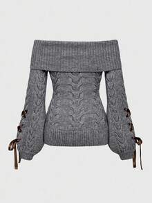 ROMWE Kawaii Áo len tay lỡ trễ vai đính nơ dễ thương - Màu xanh lam - Xem 3