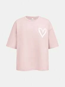 SHEIN Girlism 2 件套青少年女孩休闲宽松针织圆领超大牙签褶图案 T 恤和短裤套装，可爱的返校装，适合日常穿着、度假、家庭户外、春季野餐 - 粉色 - 查看 4