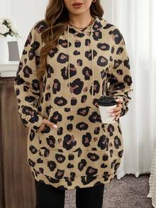 SHEIN LUNE Plus Size Fall/Winter Leopard Print Pocket Sweatshirt Holiday - Camel - View 5