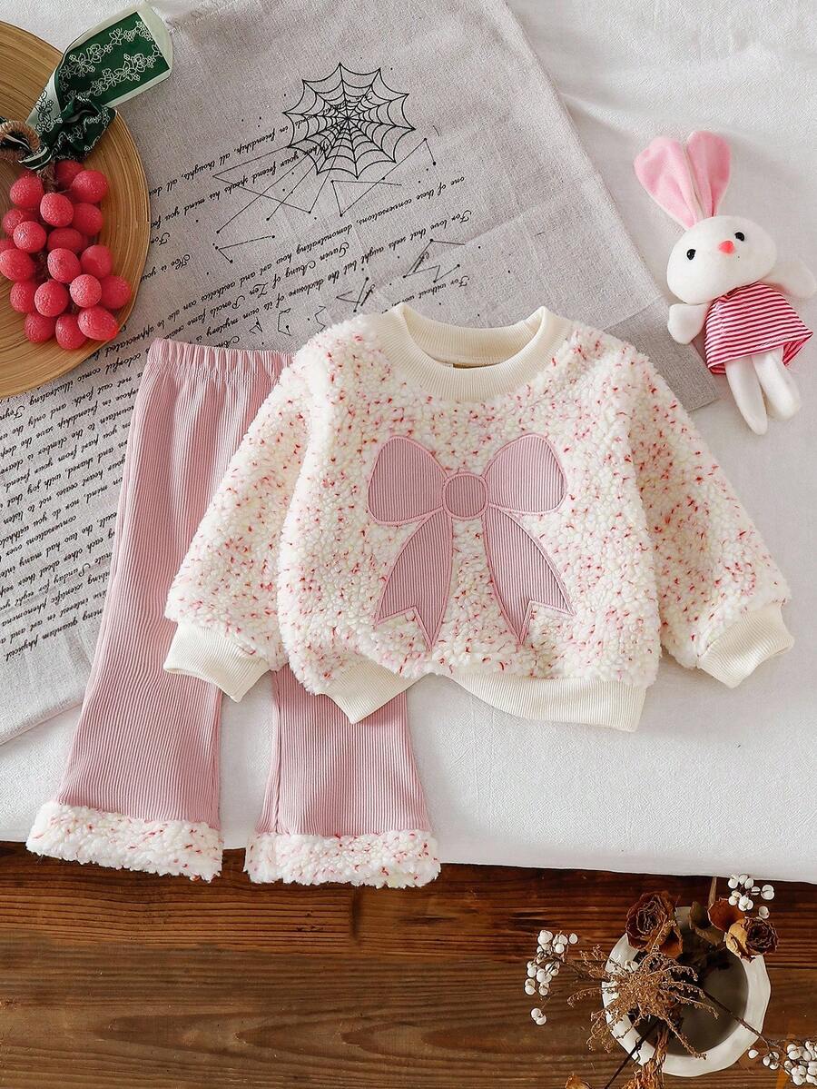 SHEIN 2 件女婴秋冬蓬松针织长袖上衣 + 粉色针织裤休闲套装