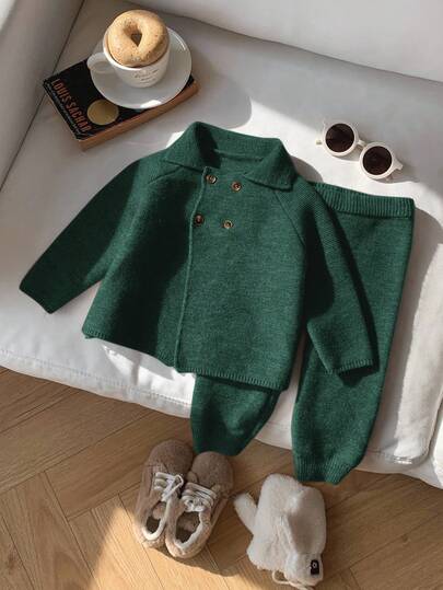 SHEIN 2pcs Baby Boy/Girl Solid Color Collared Long Sleeve Sweater And Pants Set, Suitable For Autumn/Winter Fall