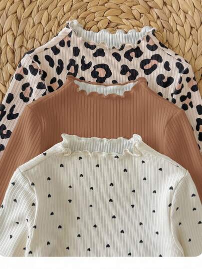 SHEIN 3 件 Babygirl 休闲百搭针织豹纹波点图案长袖上衣