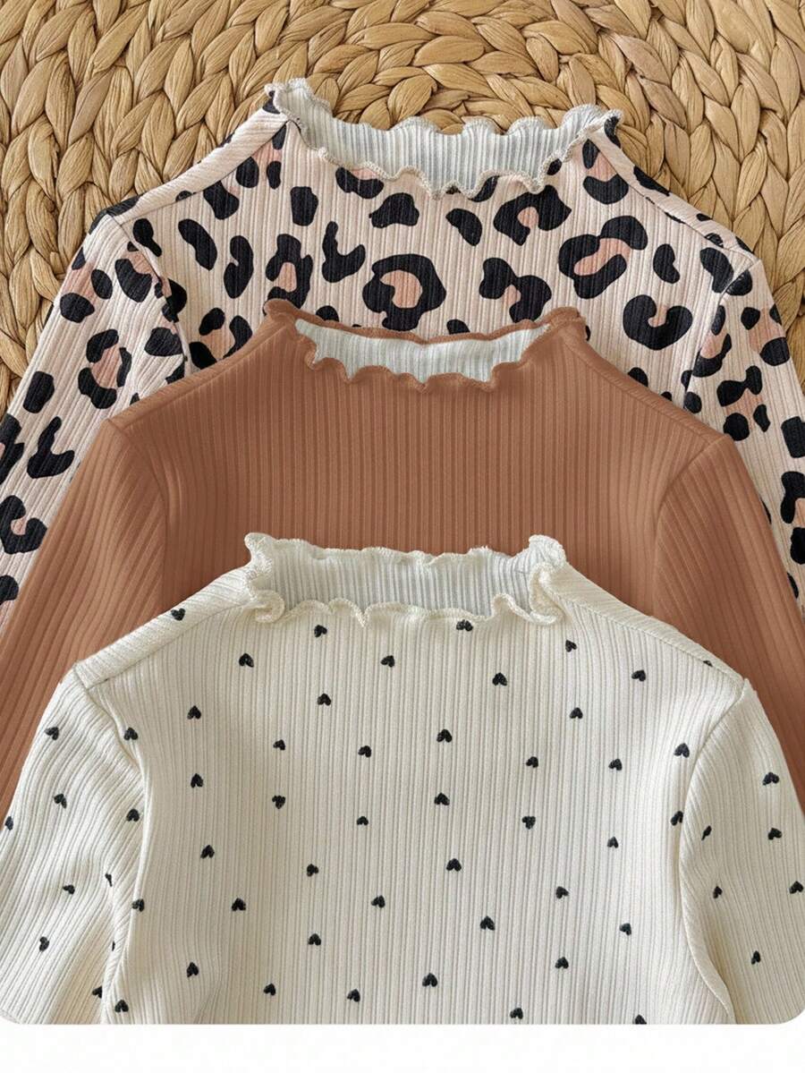 SHEIN 3 件 Babygirl 休闲百搭针织豹纹波点图案长袖上衣 - 卡其色 - 查看 1