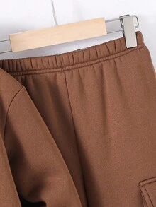 SHEIN 兒童男童 2件組冬季內裡連帽衛衣與秋季長褲套裝，字母圖案返校服飾，休閒舒適時尚校園穿搭 - 棕色 - 查看 7