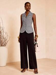 Zivah 2025秋冬新品，学院风，学生装，日常休闲，百搭，度假，街头，通勤，灰色翻领背心，假口袋，无袖，适合日常休闲穿着 - 灰色 - 查看 4