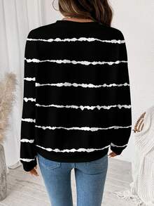 EMERY ROSE Back To School, Teacher's Day, Halloween Versatile Casual Minimalist Colorblock Black & White Tie-Dye Striped Print Crew Neck Loose Fit Women Sweatshirt, Suitable For Autumn/Winter