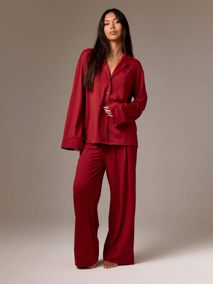 Button Front Collared Satin Pajama Set With Wide Leg Pants