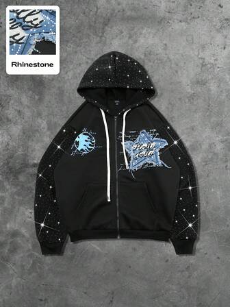 Street Life Sudadera con capucha con cremallera para hombres, estilo callejero con bordado de strass americano y estampado gráfico en inglés, para otoño/invierno