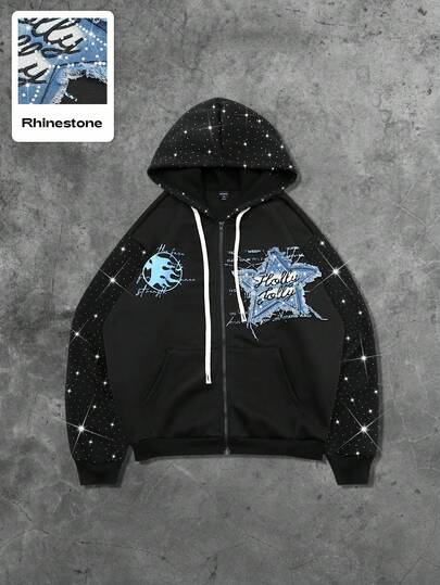 Street Life Men's Zip-Up Hoodie, Street Style American Rhinestone Embroidered English Graphic Print Hooded Sweatshirt, Autumn/Winter