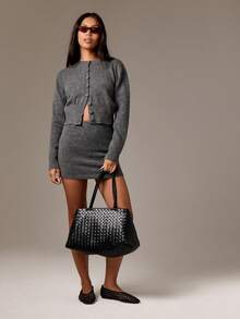 AiiRZ Conjunto de dos piezas de falda mini y cárdigan con botones de punto, con puños y bajo acanalados, manga larga, estilo de moda de otoño para uso casual - Gris - Ver 3