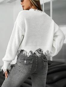 SHEIN ICON Spring vit crop-tröja med slitna kanter och drop shoulder för höst/vinter - Vitt - Visa 2