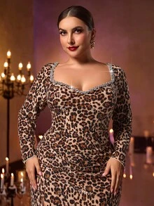 Glamrae Große Größen elegantes luxuriöses Leopard Muster Pailletten verziertes Kleid mit Herzausschnitt, Langarm und figurbetontem Meerjungfrauensaum, geeignet für Abendpartys, Dates, Proms, Hochzeiten, Abschlussfeiern, Urlaub - Verschiedenfarbig - Übersicht 5