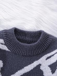 Tween Boy Distressed Graphic Texture Crew Neck Sweater,Dark Grey,Autumn,Streetwear,School,Back-To-School,Winter Fall Kids Clothes,Top - Dark Grey - View 3