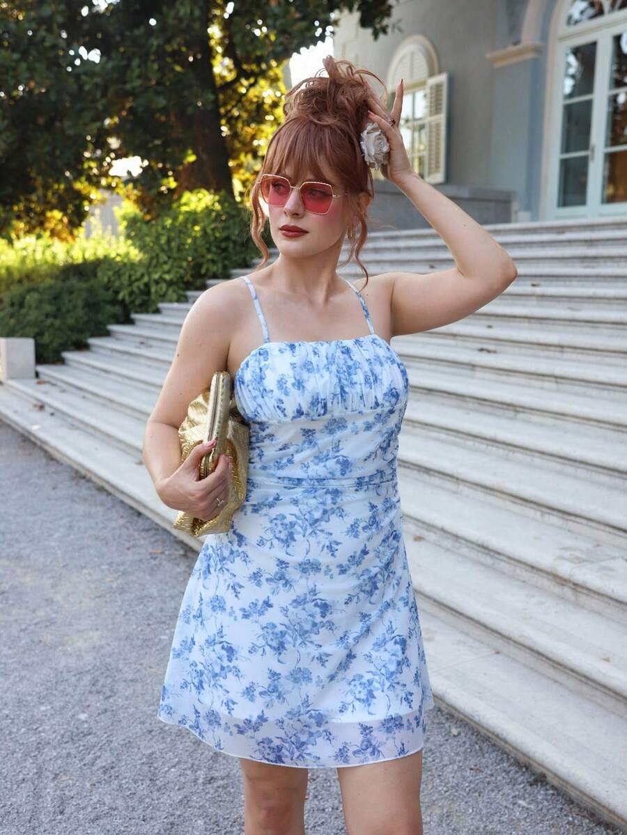 Gretanique Women's Blue & White Floral Mesh Halterneck Summer Vacation Dress,Summer Dresses For Women,Pastel Dresses For Women - Blue and White - View 1
