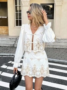 SHEIN Frenchy Bộ 2 món áo sơ mi và chân váy thêu khoét lỗ thanh lịch dành cho nữ - Nhiều màu - Xem 2