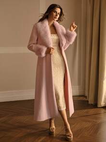 MOTF PREMIUM WOMEN'S WOOL PINK CONTRAST FUZZY TRIM LONG COAT - Pink - View 5