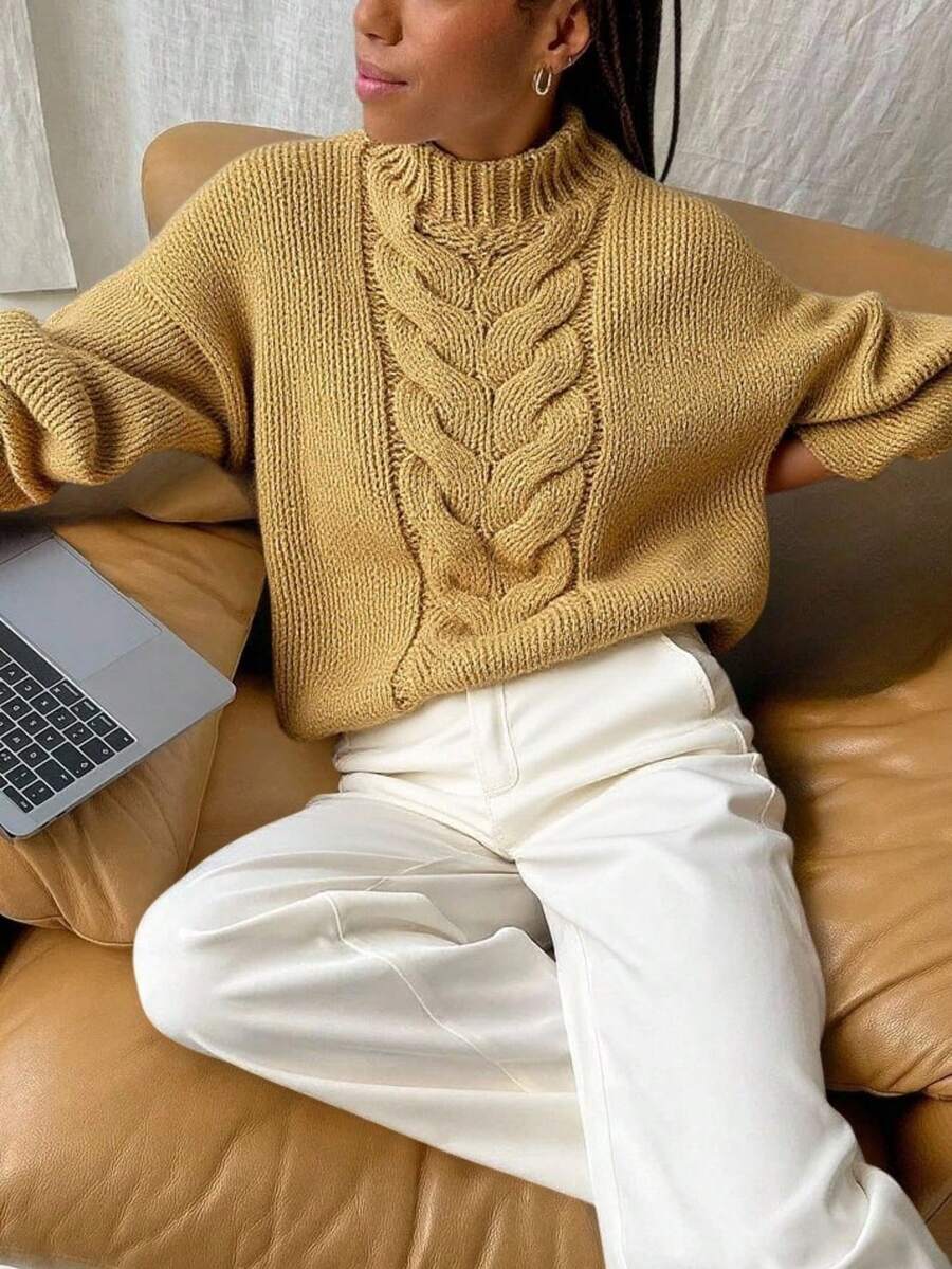 EURMUSE Women's Solid Color Minimalist Turtleneck Long Sleeve Cable Knit Sweater Brown Sweater Brown Knit Set Sweater Set,Jumper,Cream Jumper,Jumpers,Christmas Jumper,White Jumper,Black Jumper,Ladies Jumper,Women's Jumpers - Camel - View 1