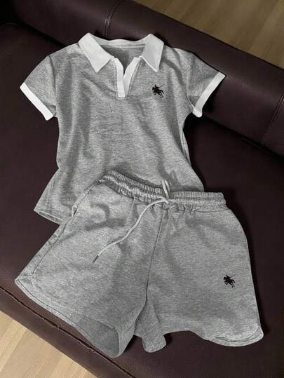 INAWLY Set de 2 piezas con top de manga corta con bordado y ribete en contraste y shorts con cordón en la cintura para mujer