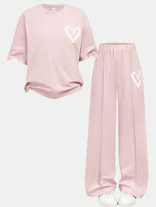 SHEIN Girlism 2 件套青少年女孩休闲宽松针织圆领超大牙签褶图案 T 恤和短裤套装，可爱的返校装，适合日常穿着、度假、家庭户外、春季野餐 - 粉色 - 查看 13