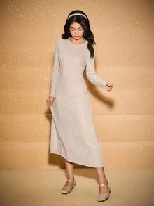 两件套优雅奢华灰棕色毛绒无袖上衣和杏色针织修身连衣裙，适合青少年女孩秋冬季穿着。 - 杏色 - 查看 6