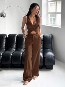 SHEIN EZwear 女士秋冬休闲棕色单排扣背心和裤子套装 - 棕色 - 查看 5