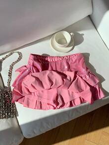 Comfortcana 女式纯色闪亮双褶边时尚A字裙 - 粉色 - 查看 6