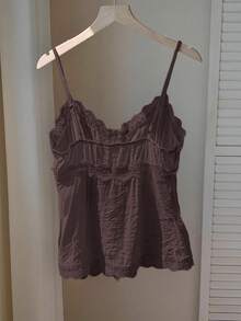 Comfortcana Camiseta de tirantes de talla grande de unicolor de verano con contraste de encaje y botones delanteros - Marrón - Ver 2