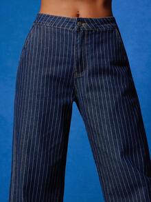 NYA SZN Jeans rectos de talle alto con raya de rayas, ajustados, de uso diario casual, para otoño, declaración, festival, carnaval - Azul lavado oscuro - Ver 4