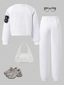 SHEIN Explorewe 2pcs/Set Tween Girl Casual Loose Graphic Print V-Neck Fleece Sweatshirt And Comfortable Sports Pants, Suitable For Autumn And Winter Fall - White - View 2