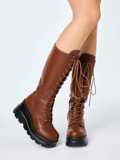 Goth Stivali alla caviglia con lacci in stile punk goth con platform, stivali da cavaliere con cerniera laterale e tacco chunky, stivali casual punk da campus alla caviglia per donne