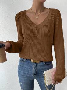 SHEIN LUNE Solid Raglan Sleeve Sweater - Mocha Brown - View 5