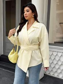 Easura Chemise grande taille pour femmes, couleur unie, ourlet asymétrique, épaules tombantes - Jaune clair - Voir 3