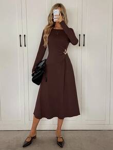 Easowa Vestido longo feminino, gola redonda, cintura marcada, assimétrico, franzido, com botões de metal, corte A, casual, relaxado, elegante, vintage, marrom café, outono/inverno